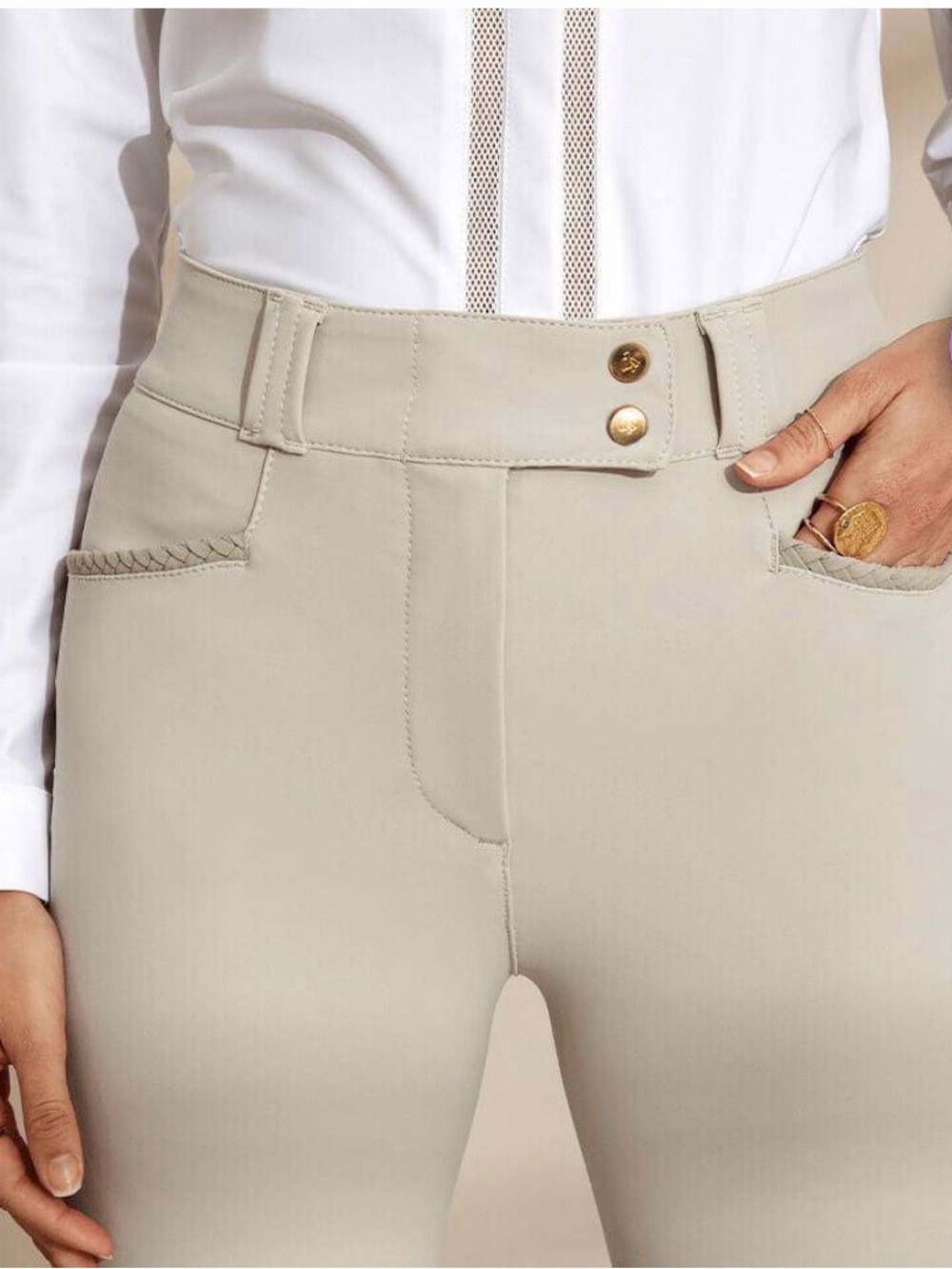 Stretch Ponte Skinny Pants with Braided Trim in Light Beige